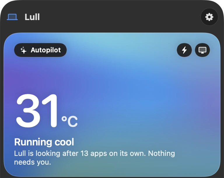 Lulls Fenster: 31 °C, Läuft kühl. Lull kümmert sich selbst um 13 Apps.